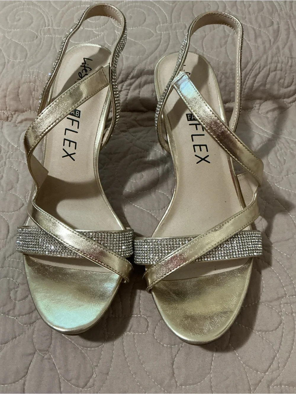Life stride Flex Metallic Gold Rhinestone Slingback Heels Size 10 NWOT